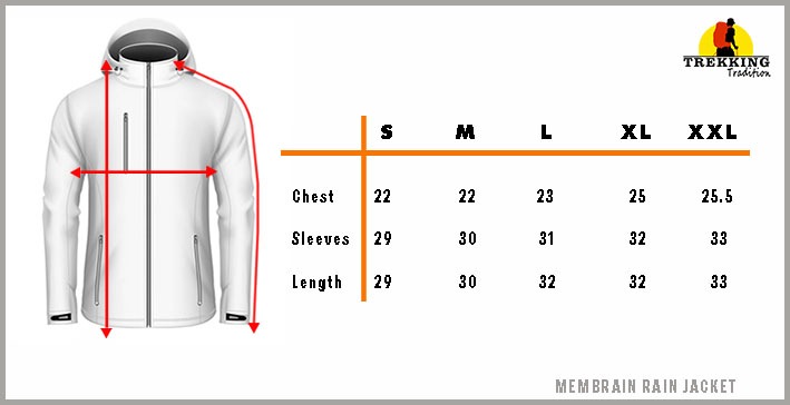 Size chart for Membrain Waterproof Jacket - Altimateoutdoors.pk